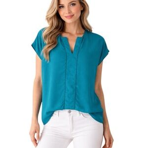Rose & Olive Teal Split-Neck Cap Sleeve Blouse